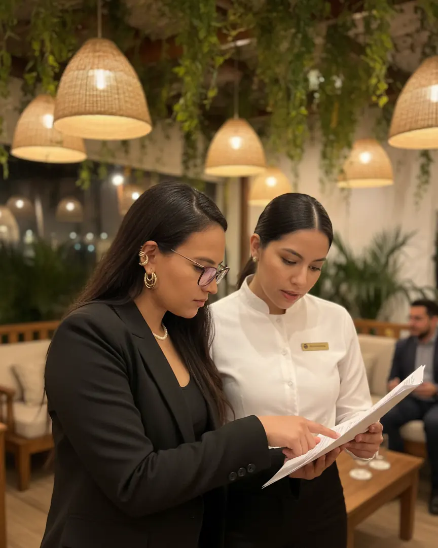 Ingrid Farfán revisa un documento junto a una integrante del equipo de un hotel