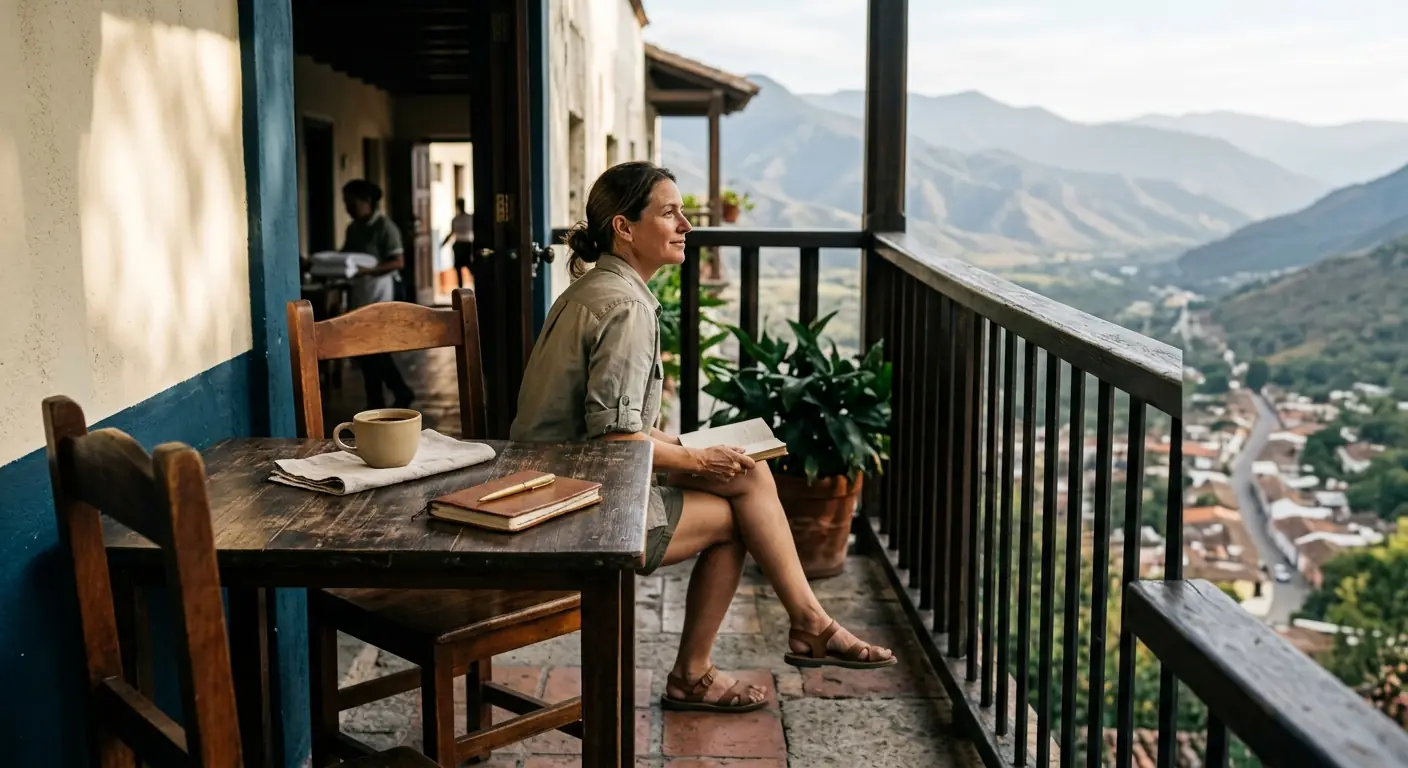 Una mujer lee en el balcón de un alojamiento con vista a las montañas mientras, al fondo del corredor, alguien del equipo atiende